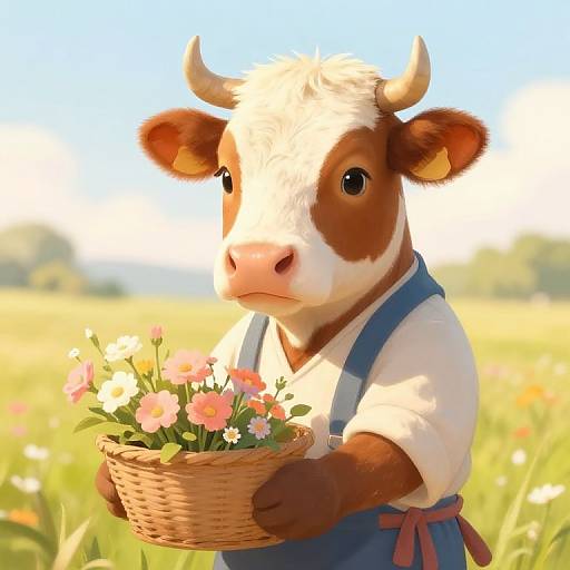 Gentle Humanoid Cow Farmer in Pastels