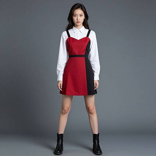 Photograph of an Asian woman in a white long-sleeve shirt and red-black checkerboard dress, standing against a gray background, wearing black ankle