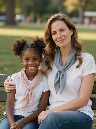 Mother and Daughter Sitting on Park Bench