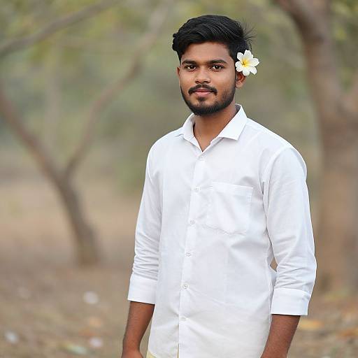 Photograph of a bearded Indian man with dark hair, wearing a white long-sleeve shirt, a white flower in his hair, standing outdoors