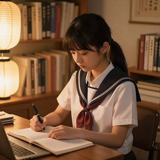 Photograph of an Asian teenage girl with black pigtails, wearing a Japanese school uniform, writing in a notebook at a wooden desk in a warmly