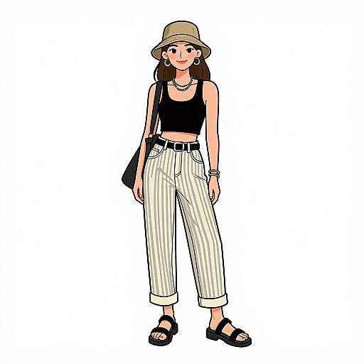 Digital drawing of a young woman in a beige bucket hat, black tank top, white pinstriped pants, black sandals, and jewelry, standing