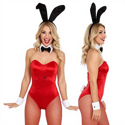 Photograph of a smiling blonde woman in a red strapless bunny suit, black bow tie, white cuffs, black bunny ears, and red fishnet