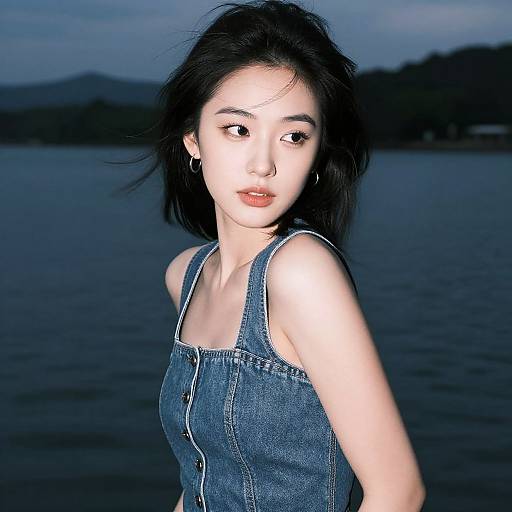 Photograph of an Asian woman with fair skin, black shoulder-length hair, wearing a blue denim dress, standing by a dark, calm lake at dusk