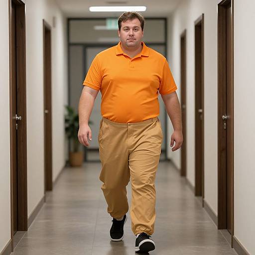 Photograph of a heavyset man with short brown hair, wearing an orange polo shirt, beige pants, and black shoes, walking down a brightly lit