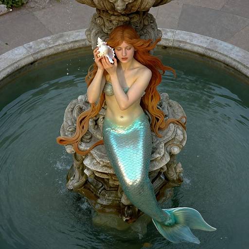 Photorealistic digital art: A beautiful mermaid with long red hair, shimmering blue-green tail, and pale skin, gazes at a glowing