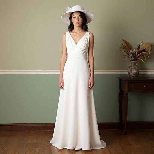 Photograph of a woman in a sleeveless, V-neck white wedding dress with a wide-brimmed hat, standing in a room with pastel