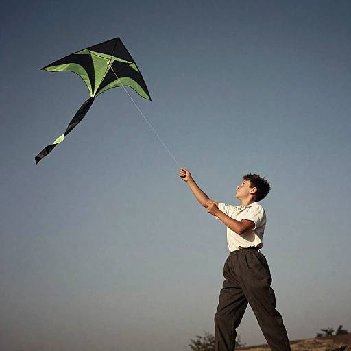 Photograph of an Asian man in a white shirt and black pants flying a green and black kite against a clear blue sky.