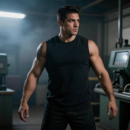 Muscular Man in Smoky Industrial Scene