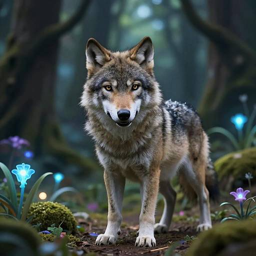 Photorealistic digital art of a wolf standing in a glowing, enchanted forest with blue and purple luminescent flowers and moss. The wolf's fur
