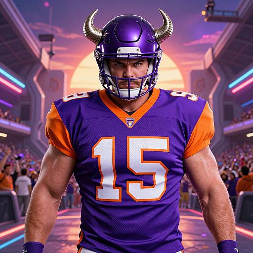 Photograph of muscular male football player in purple Denver Broncos helmet and jersey #15, standing in stadium with neon lights and sunset background.