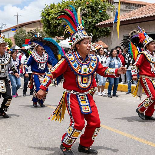 Photograph of indigenous dancers in colorful, traditional costumes with feathered hats, red outfits, and intricate beadwork, performing on a street parade. Spect