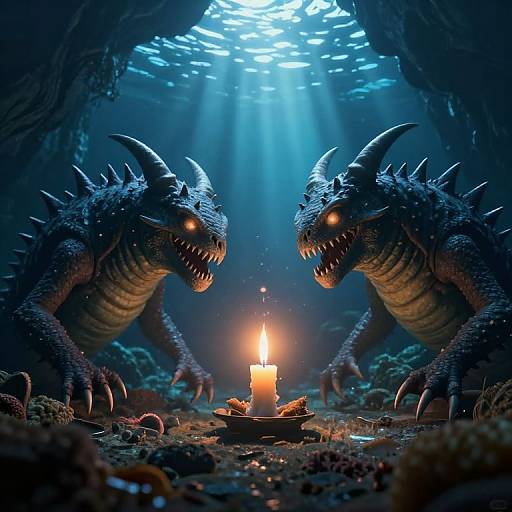 CGI fantasy scene: Two glowing-eyed, spiky black dragons face each other under a lit candle in a dark, underwater cave with blue light beams