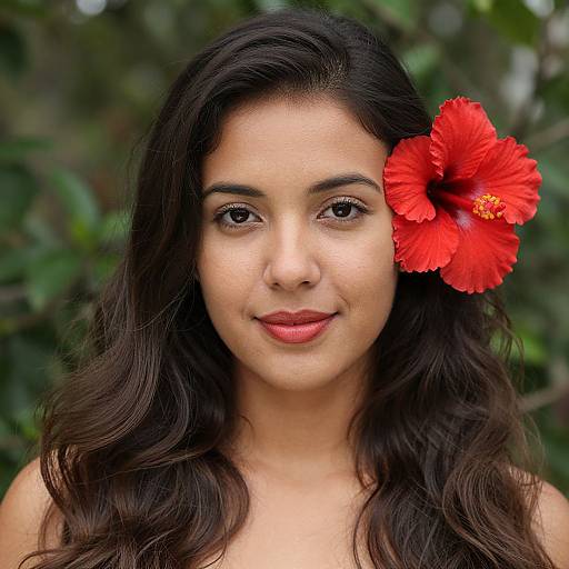 Photograph of a young South Asian woman with long, wavy dark hair, wearing a vibrant red hibiscus flower in her hair, smiling