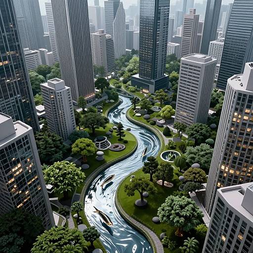 CGI image of a futuristic cityscape with tall skyscrapers surrounding a winding, reflective river through lush green parks.