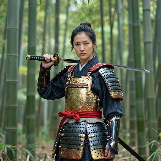 Photograph of an Asian woman in traditional Japanese samurai armor, holding a katana in a bamboo forest, with a serious expression.