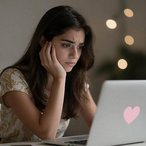 Concerned Woman Using Laptop with Heart