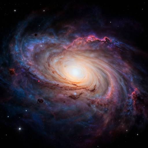 Photograph of a vibrant spiral galaxy with a bright, glowing core, surrounded by swirling clouds of blue, purple, and pink gas and dust against a