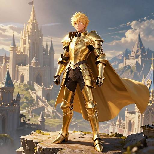 Blonde male knight in golden armor and flowing cape stands on rocky ledge, facing forward, with sunlit, castle-filled landscape behind. Digital art.