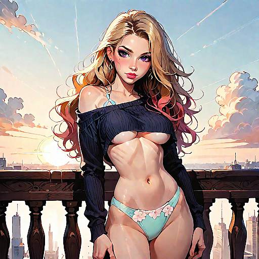 Sunset Rooftop Blonde Woman in Fashionable Crop Top and Bikini