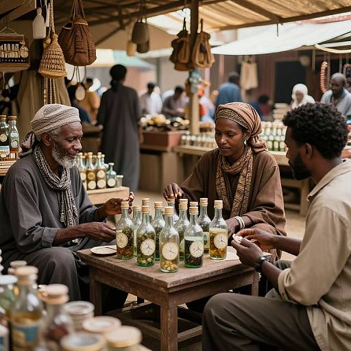 Photograph of three African men, wearing traditional clothing, seated at a wooden table in a bustling market, discussing glass bottles with white labels.