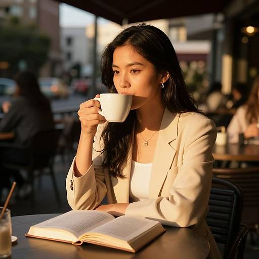 Photograph of an Asian woman with long black hair, sipping a white coffee cup, wearing a white blazer, sitting at an outdoor café,