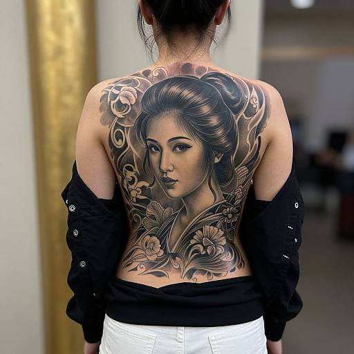 Photograph of a woman with an intricate black and gray tattoo of a serene Asian woman with flowers on her back, wearing a black shirt off her shoulders