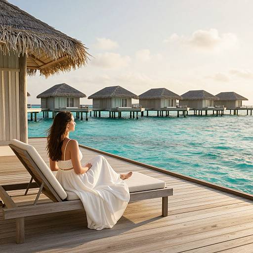 Woman Relaxing on Overwater Bungalow in Maldives