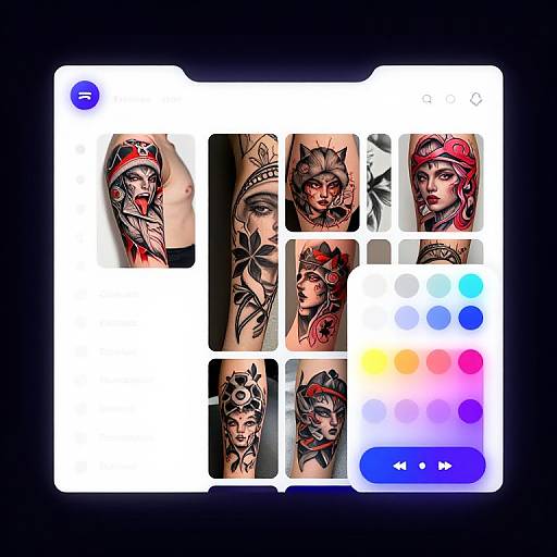 Digital collage of nine detailed, colorful, tattoo-style portraits of women with various headgear and tattoos, displayed in a white, square, app interface with