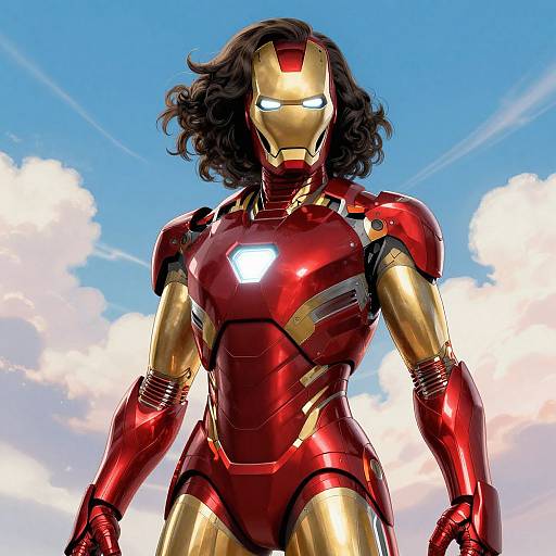 Digital artwork of a woman with curly brown hair, wearing a red and gold Iron Man suit, glowing blue eyes, standing against a bright blue sky with