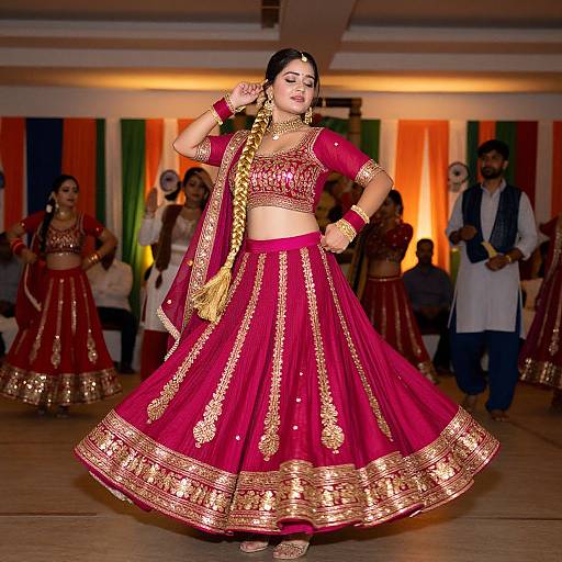 Photograph of a South Asian woman in a red and gold traditional lehenga, performing a traditional dance, surrounded by audience in a brightly lit hall.