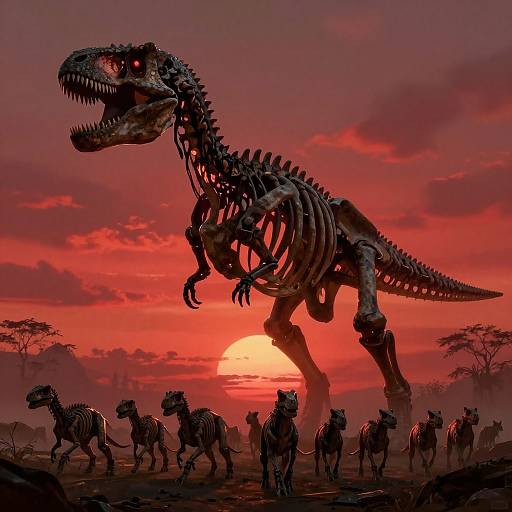 Digital art: A massive, glowing red Tyrannosaurus rex skeleton looms over a herd of silhouetted zebras and antelopes