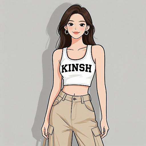 Digital illustration of a smiling, fair-skinned woman with long black hair, wearing a white 