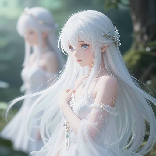 Digital anime-style artwork of a white-haired, blue-eyed elf woman with ethereal light, wearing a white dress, standing in a mystical forest. Bl
