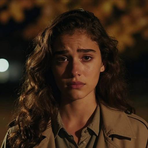 Photograph of a young woman with long, wavy brown hair, olive skin, and expressive brown eyes, wearing a beige jacket, against a dark