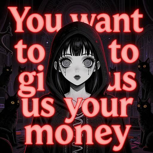 Digital anime-style illustration of a white-eyed, black-haired girl with a spiraling eye, wearing a hooded cloak, surrounded by black cats, with