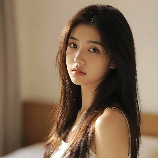 Photograph of an East Asian woman with long, straight black hair, wearing a white tank top, gazing softly at the camera in a sunlit