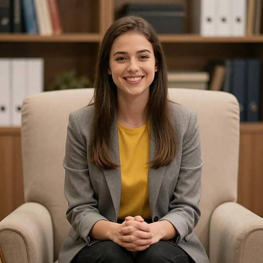 Young Woman in Blazer with Bookshelves