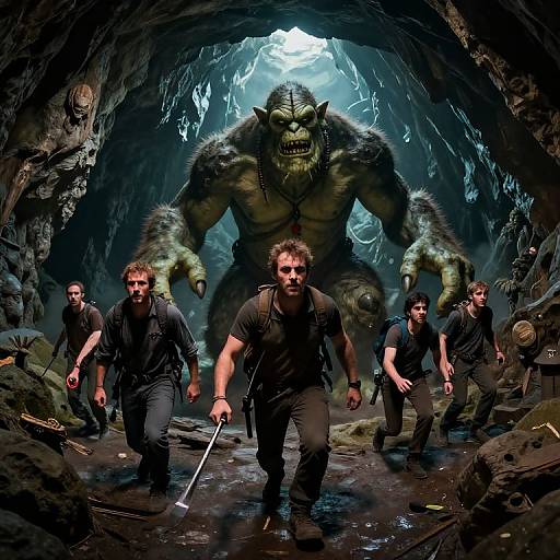 Digital art of five bearded men in black clothing running from a large, green, muscular ogre with sharp teeth in a dark, rocky cave with