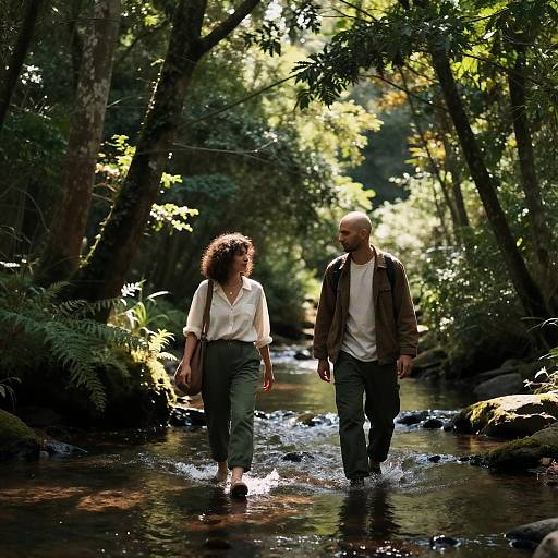 Sunlit Forest Stroll by Reflective Stream