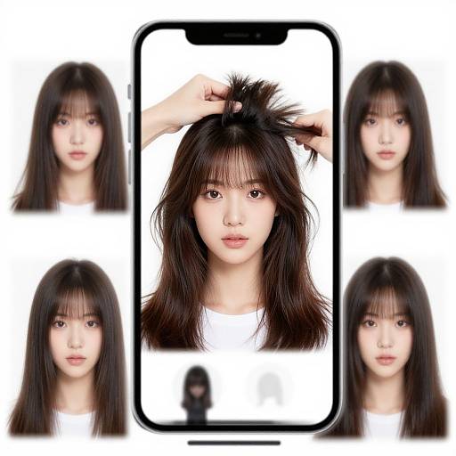 Digital collage of six identical Asian woman portraits with long black hair, white shirts, and neutral expressions, centered on a smartphone screen.