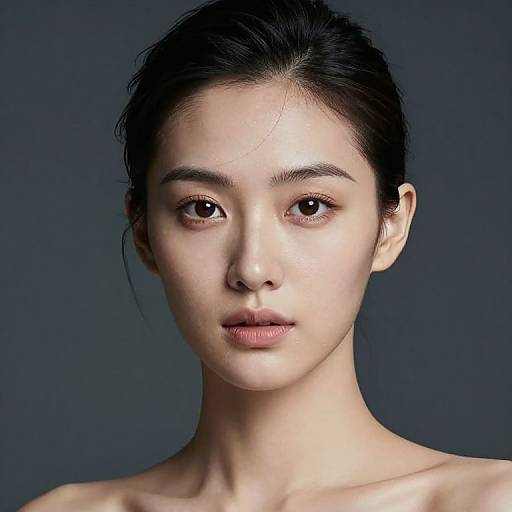 Photograph of a young Asian woman with fair skin, black hair in a simple updo, and neutral expression, against a dark blue background, shown
