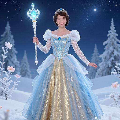 Photorealistic image of a smiling young woman in a sparkling blue and gold Disney Princess-style gown, holding a glowing ice wand, standing in a snowy