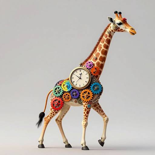 Digital art of a giraffe with a clock on its side, adorned with colorful gears, walking on a white background.