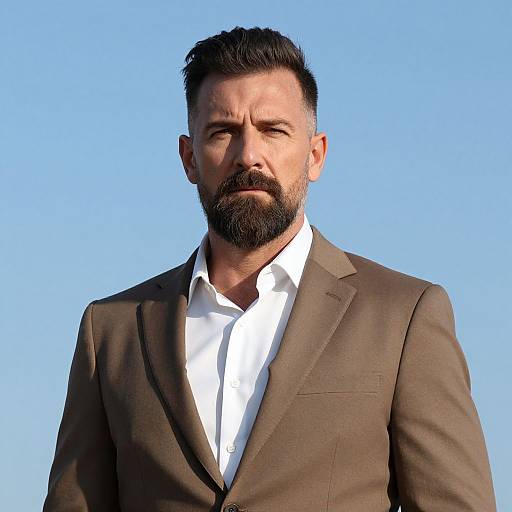 Photograph of a serious, bearded man with short black hair, wearing a brown suit jacket over a white dress shirt, against a clear blue sky