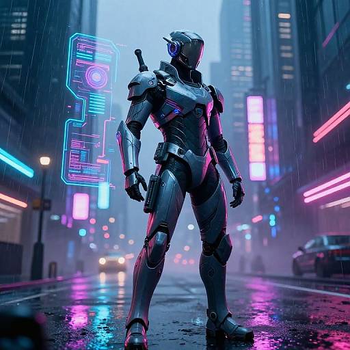 Futuristic Armored Cyborg in Neon City