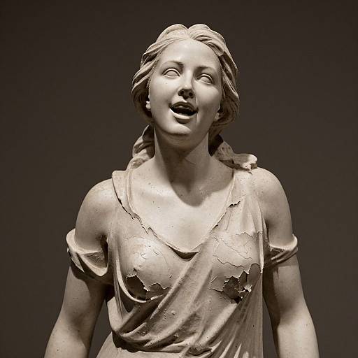 Photograph of a white marble statue depicting a smiling woman with wavy hair, wearing a detailed, tattered, sleeveless dress against a dark background