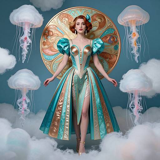 Photograph of a red-haired woman in a teal and gold Art Deco dress, surrounded by jellyfish, standing on clouds, with an ornate