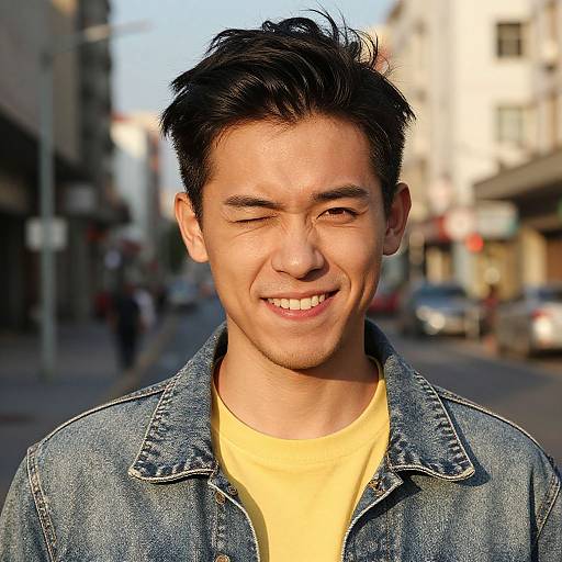Photograph of a smiling young Asian man with short black hair, winking, wearing a yellow shirt and blue denim jacket, standing on a sunlit