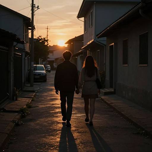 Photograph of silhouetted couple walking down a narrow, sunlit urban street at sunset, with buildings on both sides and a car in the